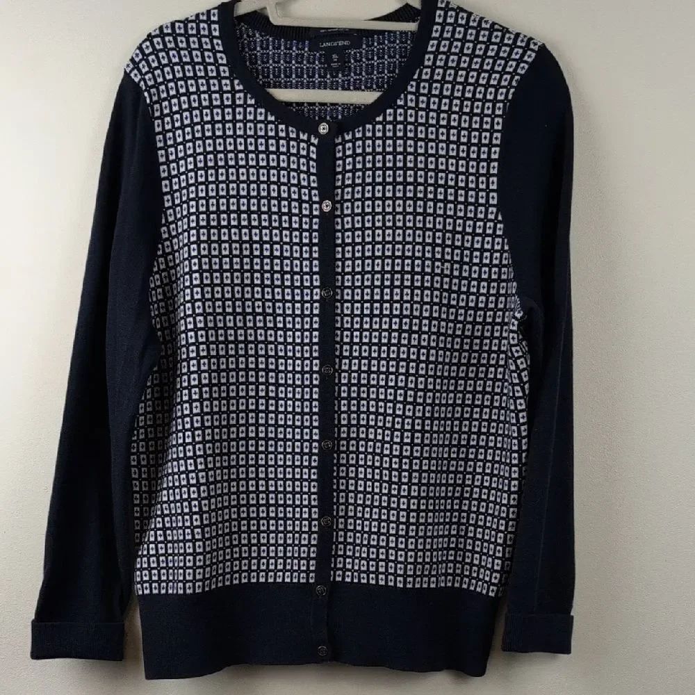 Lands' End Navy and White Patterned Supima Cotton Cardigan Sweater Size 18